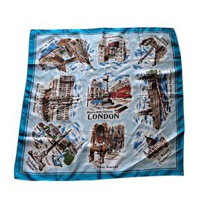 Vintage 1970's London Souvenir Silk Scarf Featuring Iconic Landmarks & Scenes Bl
